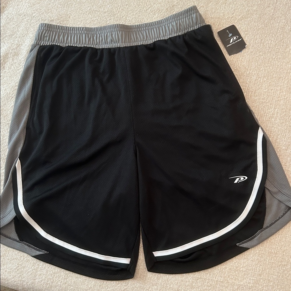 NWT Pro Player Basketball Shorts Black with Gray Waistband & sides White Trim L
